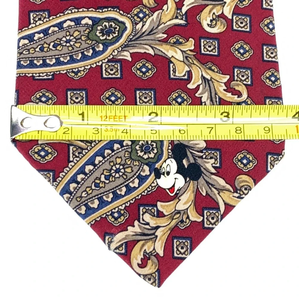 MICKEY INC. Dark Red Geometric Paisley Mickey Mouse Silk Necktie Made In Mexico